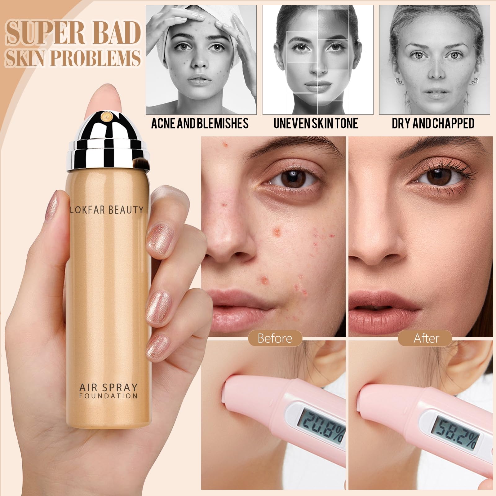 LOKFAR mist dispersion technique shown for even facial coverage.