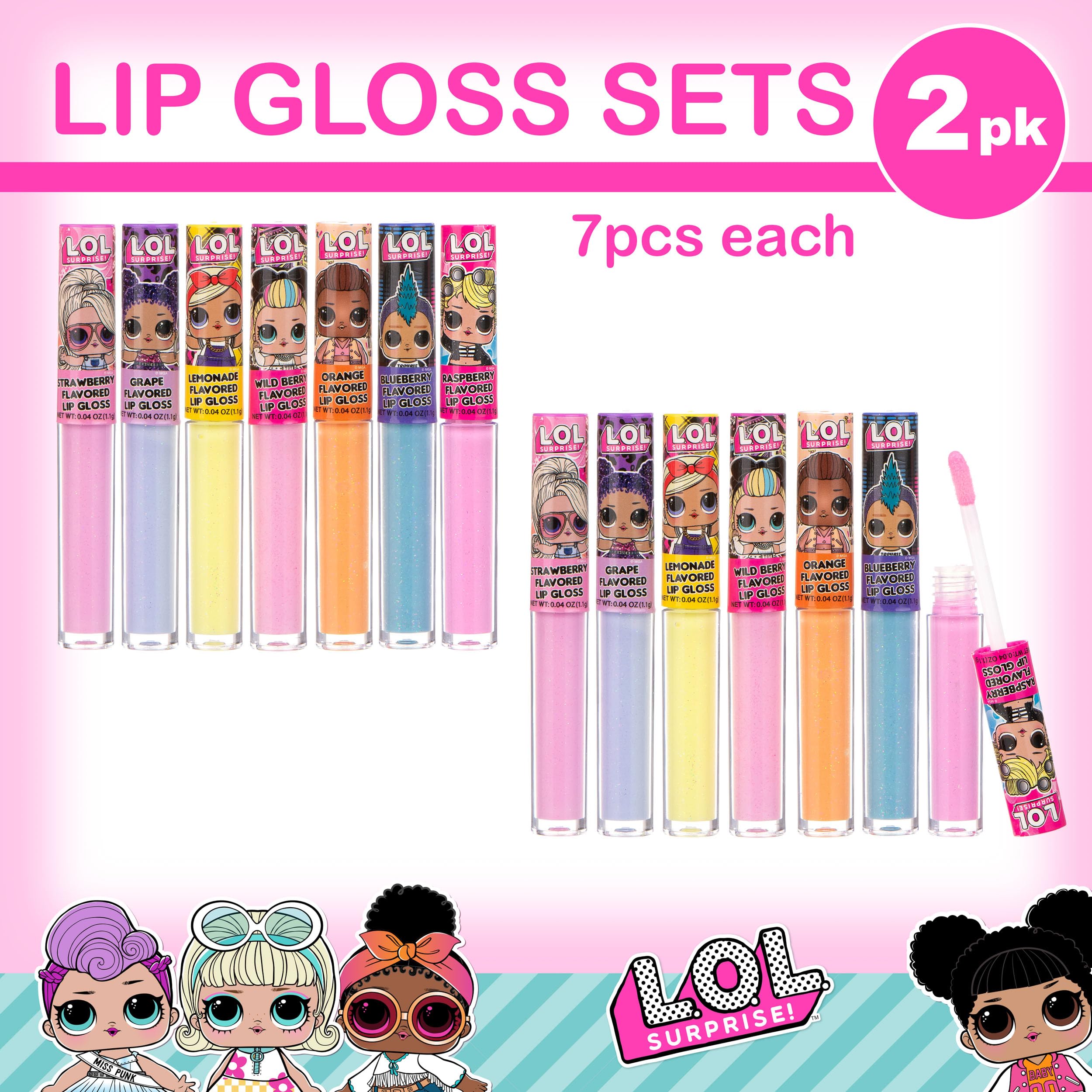 L.O.L. Surprise lip gloss wand designs with playful characters for fun.