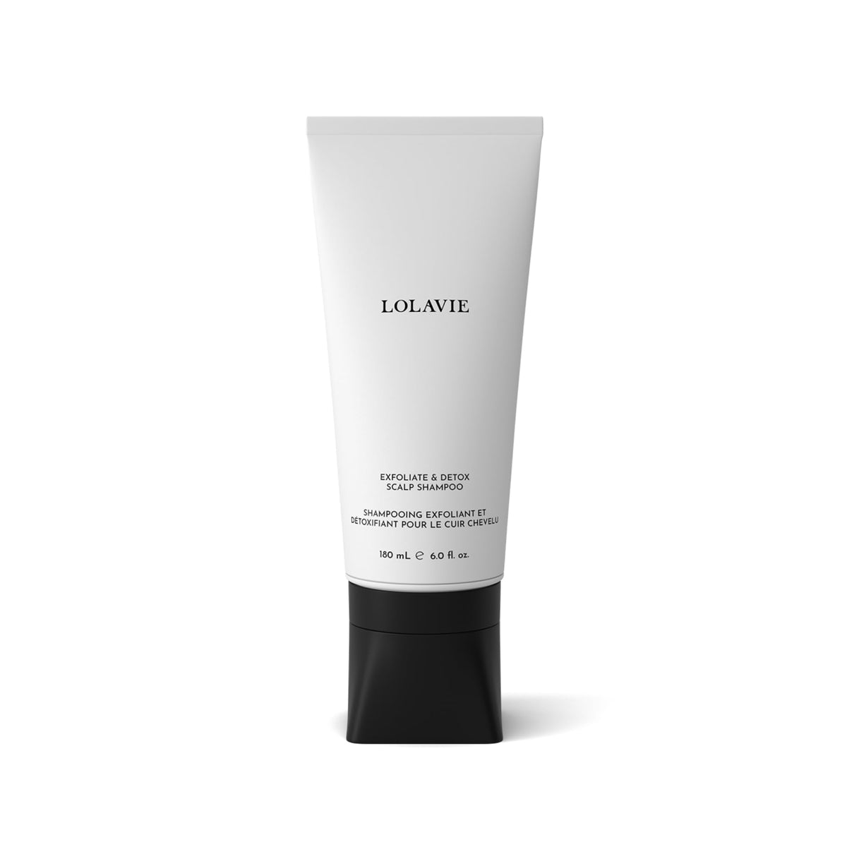LolaVie Exfoliate & Detox bottle promotes a clean scalp for all hair types.