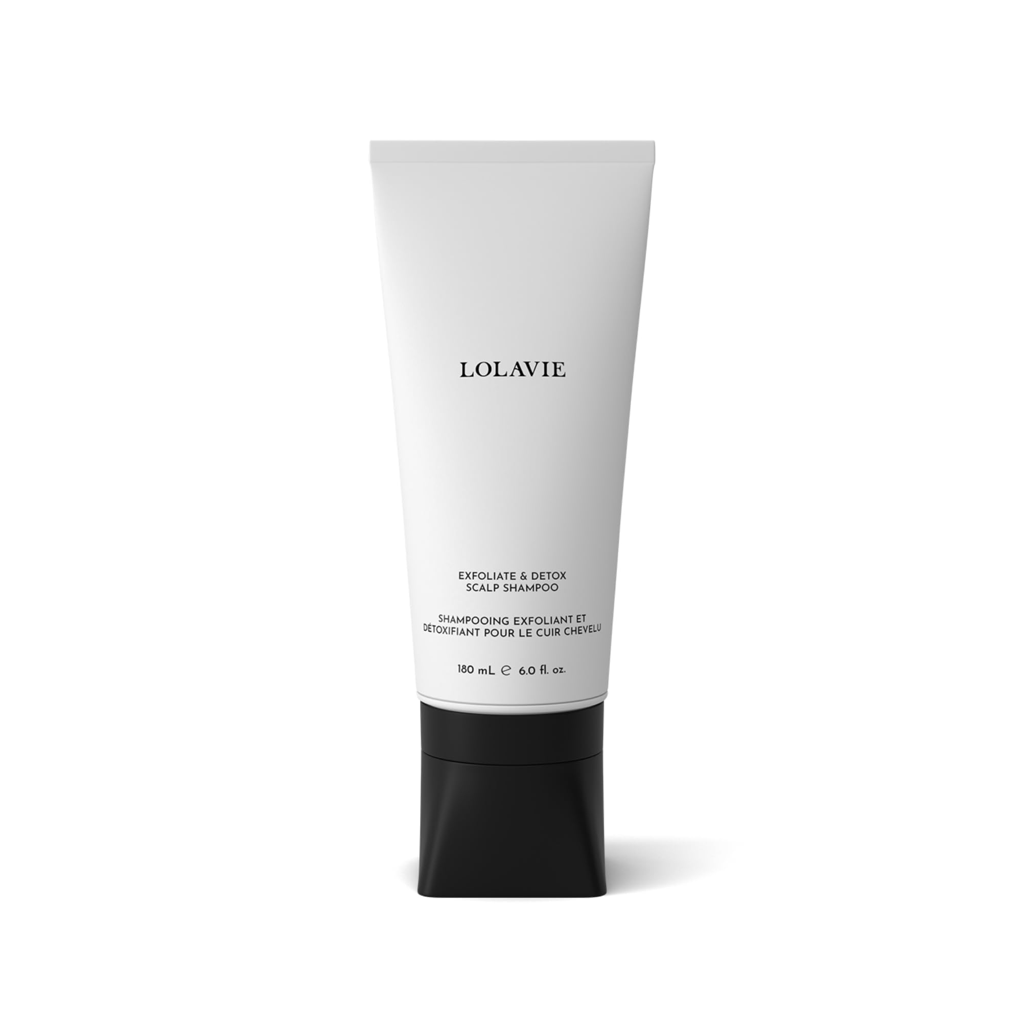LolaVie Exfoliate & Detox Shampoo bottle highlighting scalp detox action.