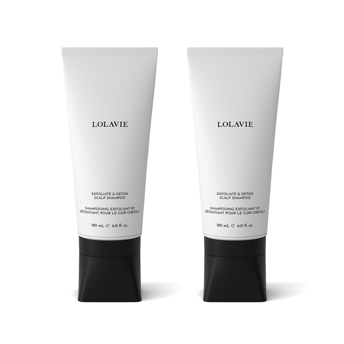 LolaVie Exfoliate & Detox Scalp Shampoo bottle highlighting 2-in-1 cleansing for clean, voluminous hair