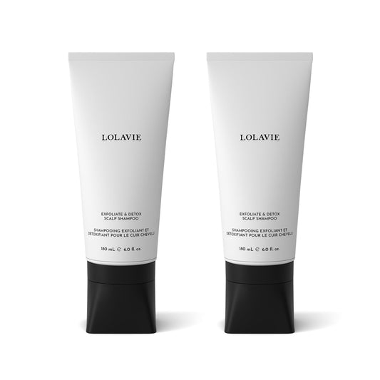 LolaVie Exfoliate & Detox Scalp Shampoo bottle highlighting 2-in-1 cleansing for clean, voluminous hair