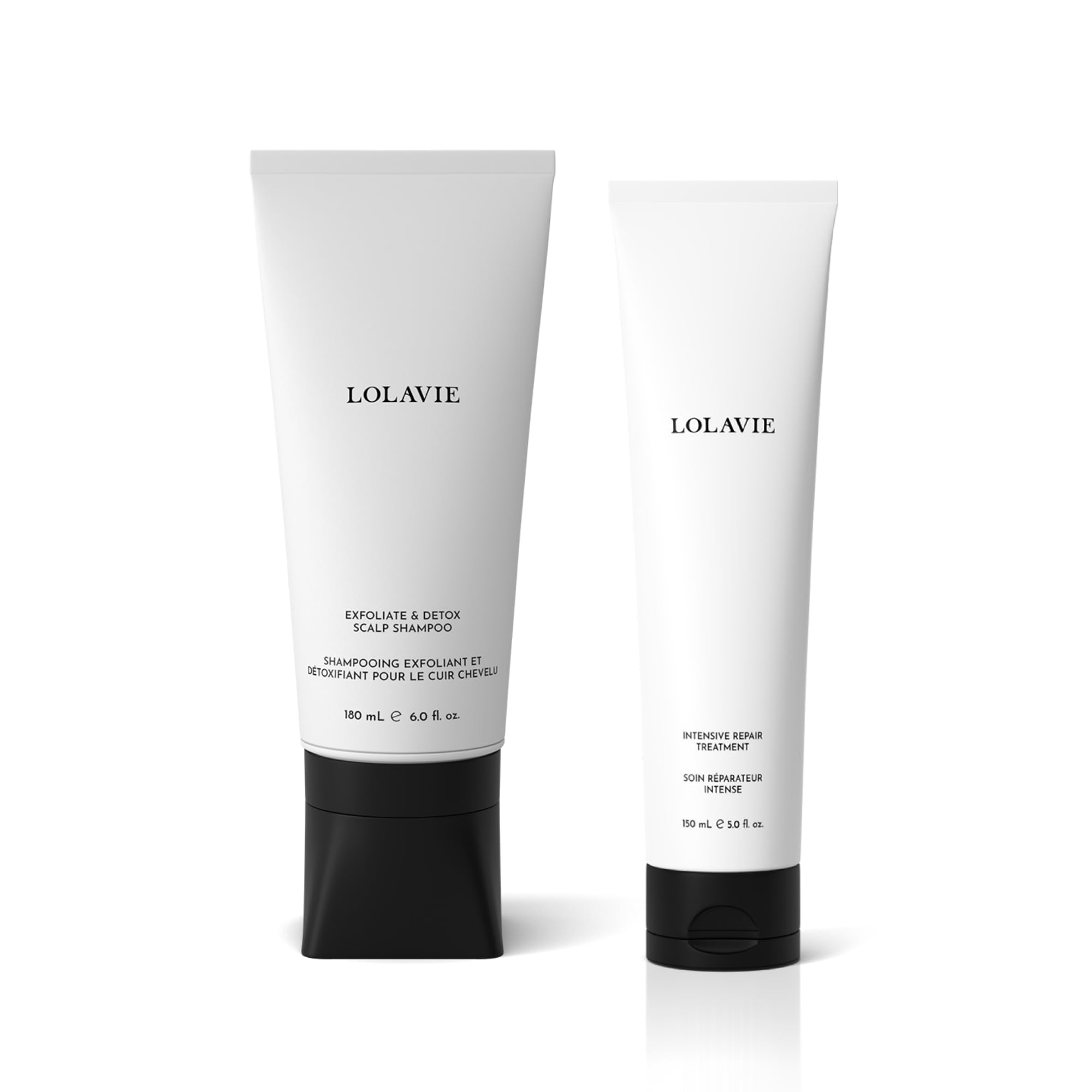 Lolavie Jen's Sunday Reset Exfoliate & Detox Shampoo bottle detoxifies scalp for refreshed, shinier hair.