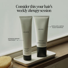 Lolavie Jen's Sunday Reset Exfoliate & Detox Shampoo shows scrub action boosting root volume.
