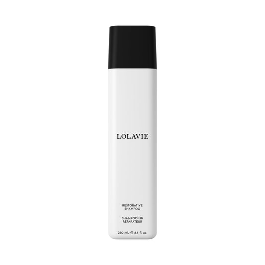 LolaVie Restorative Shampoo bottle front, color-safe formula for healthier-looking hair.