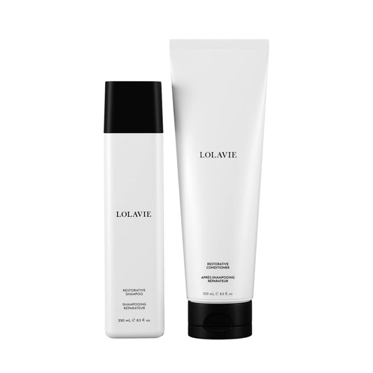 LolaVie Restorative Shampoo bottle demonstrates color-safe cleansing for hair that looks repaired.