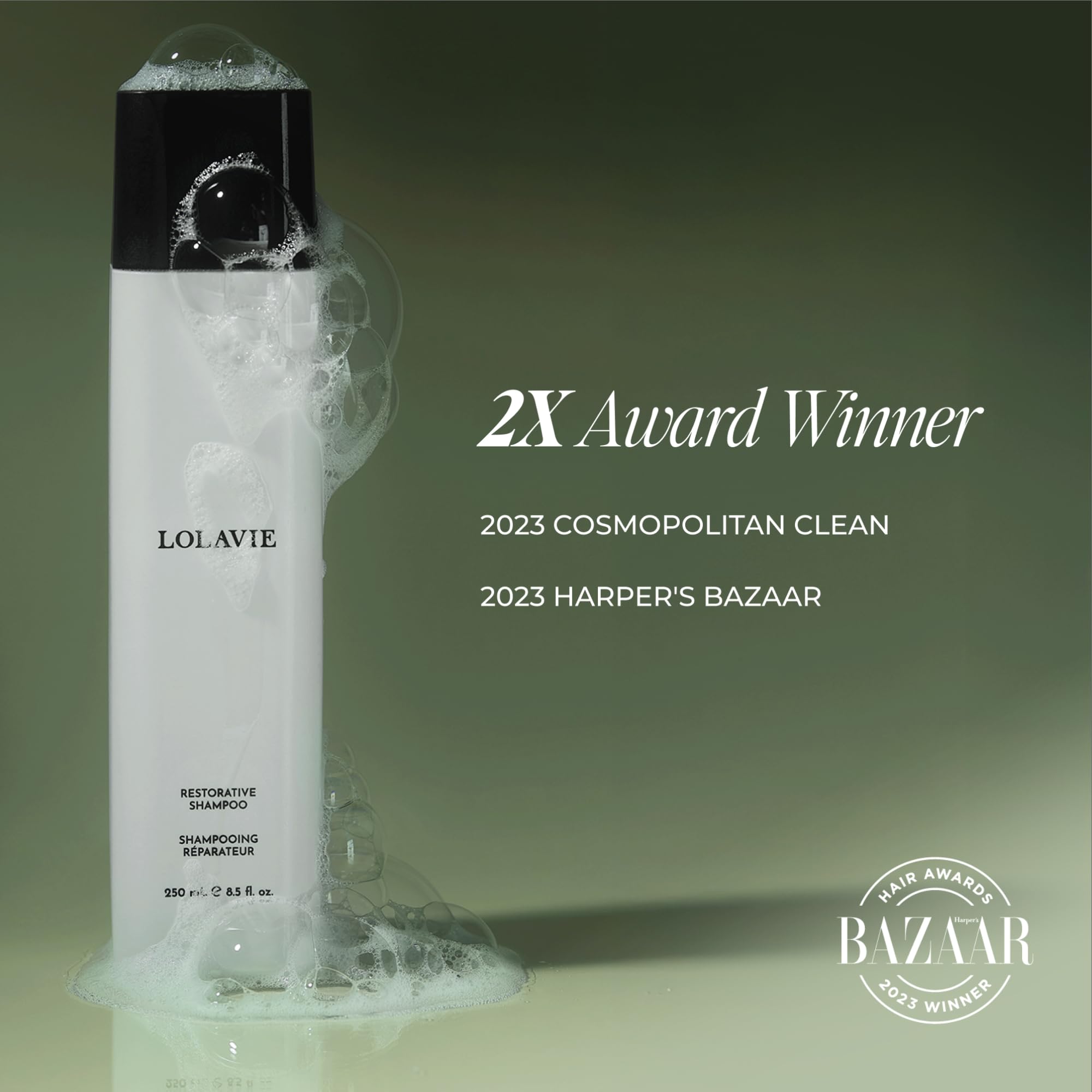 LolaVie Restorative Shampoo ceramide illustration, smooth texture focus.