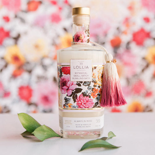 LOLLIA Always in Rose bubbles rise for a rose-scented relaxing soak.