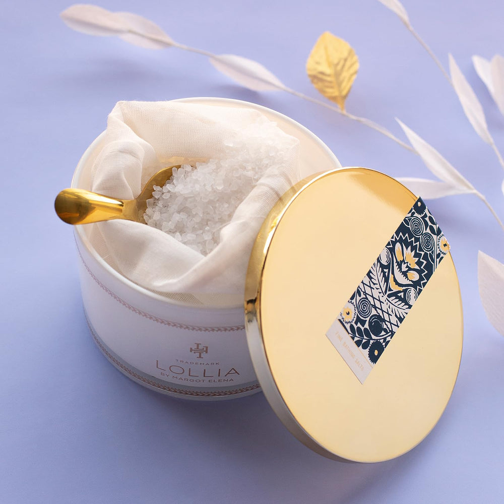 LOLLIA Dream Bath Salt in a tub with steam and serene ambiance