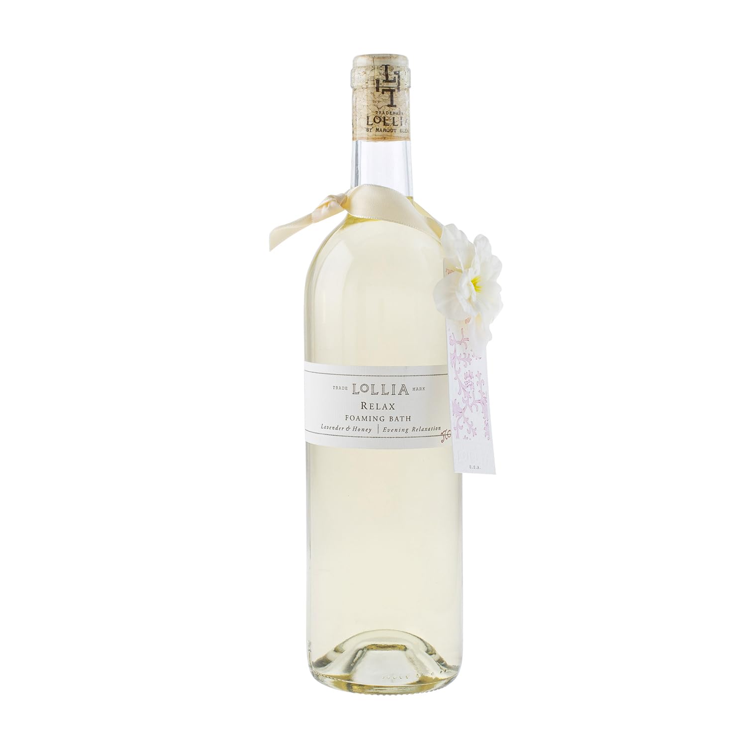 Lollia Relax Bubble Bath in glass bottle with calming lavender aroma and elegant packaging