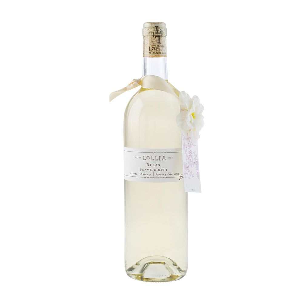 Lollia Relax Bubble Bath in glass bottle with calming lavender aroma and elegant packaging