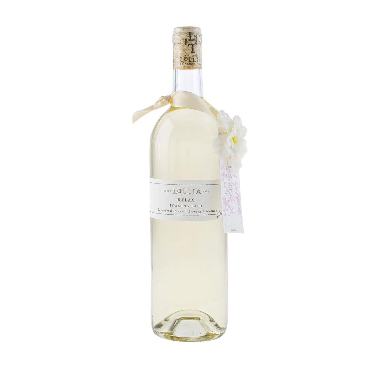 Lollia Relax Bubble Bath in glass bottle with calming lavender aroma and elegant packaging