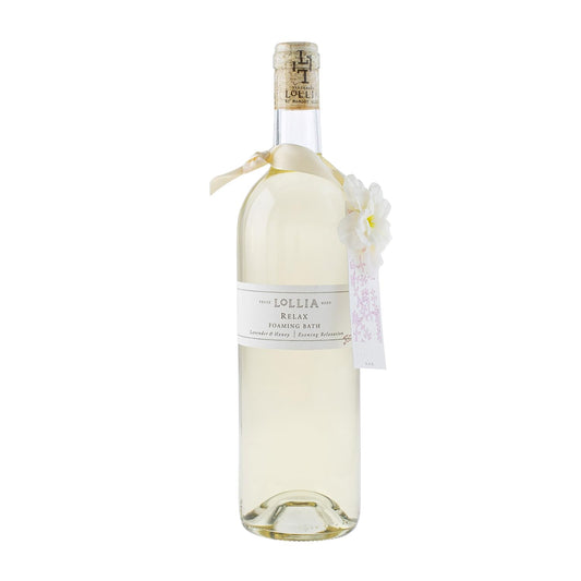 Lollia Relax Bubble Bath in glass bottle with calming lavender aroma and elegant packaging