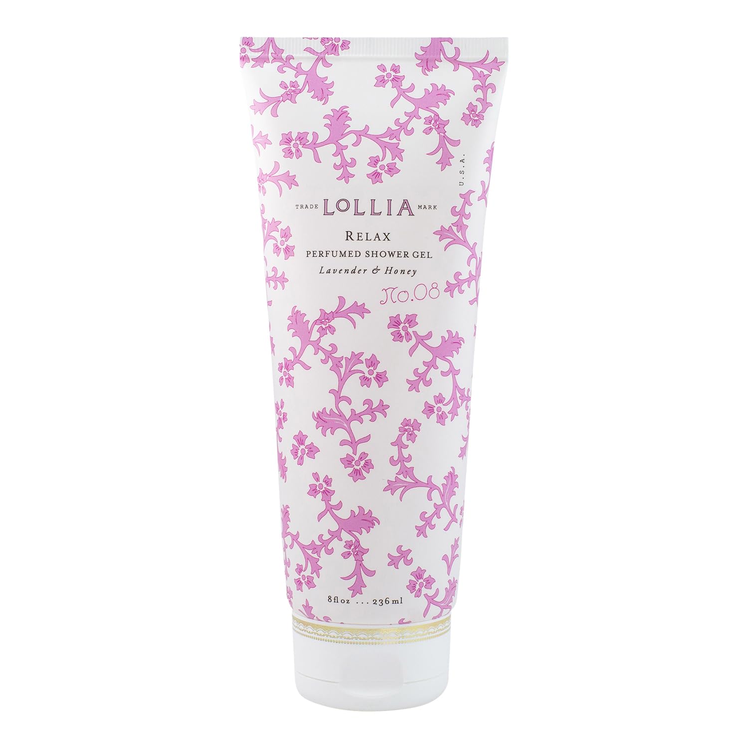 LOLLIA Relax Shower Gel bottle front with elegant packaging and calming lavender scent.
