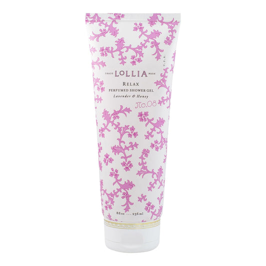 LOLLIA Relax Shower Gel bottle front with elegant packaging and calming lavender scent.