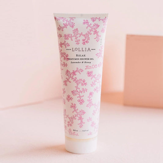 Close-up of the LOLLIA Relax Shower Gel label highlighting lavender and honey.
