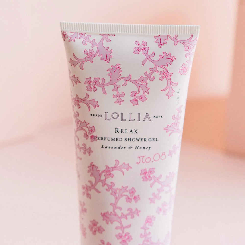 LOLLIA Relax Shower Gel lavender and honey scent evokes a spa-like bath.