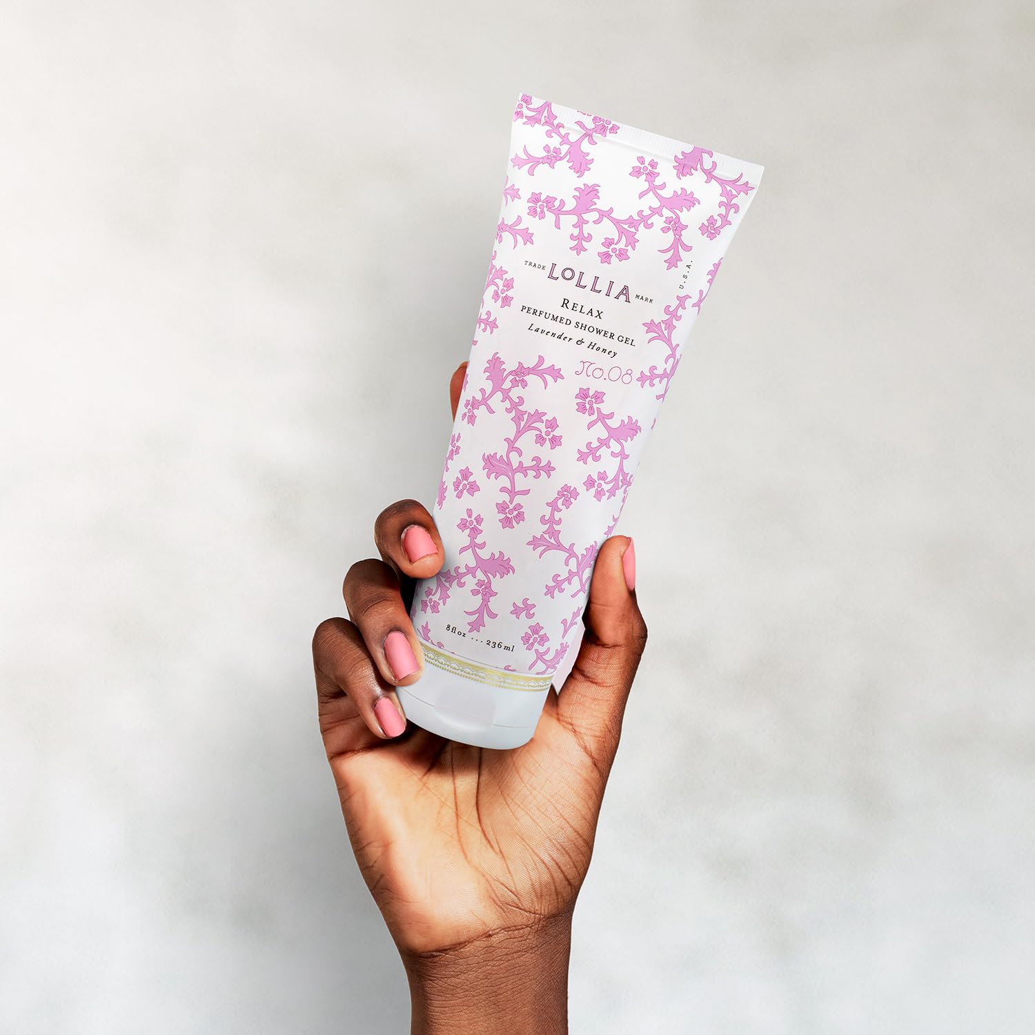 Satin-tube detail of LOLLIA Relax Shower Gel adds a luxurious touch.
