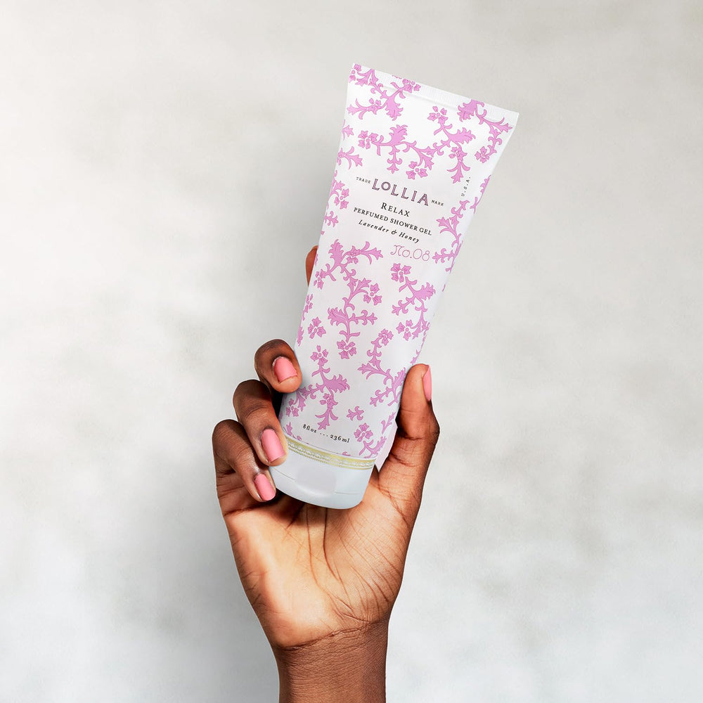 Satin-tube detail of LOLLIA Relax Shower Gel adds a luxurious touch.