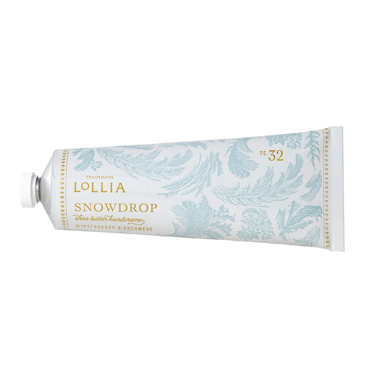 LOLLIA Snowdrop handcreme tube close-up showing silky hydration for daily use