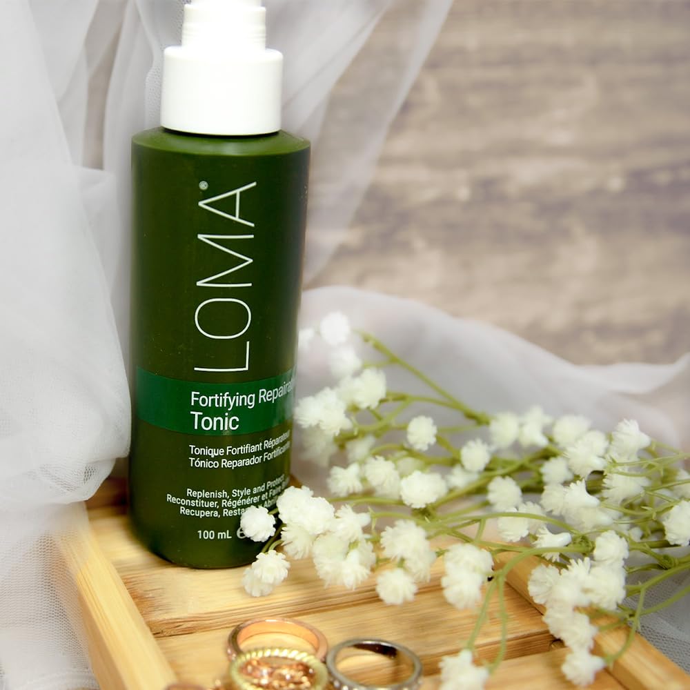Loma Fortifying Reparative Tonic after-use shine suggests silky finish.