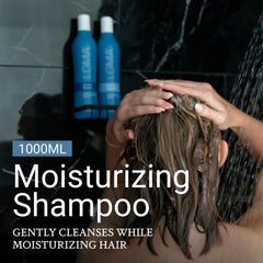 LOMA Moisturizing Shampoo bottle pour demonstrates easy application for at-home cleansing.