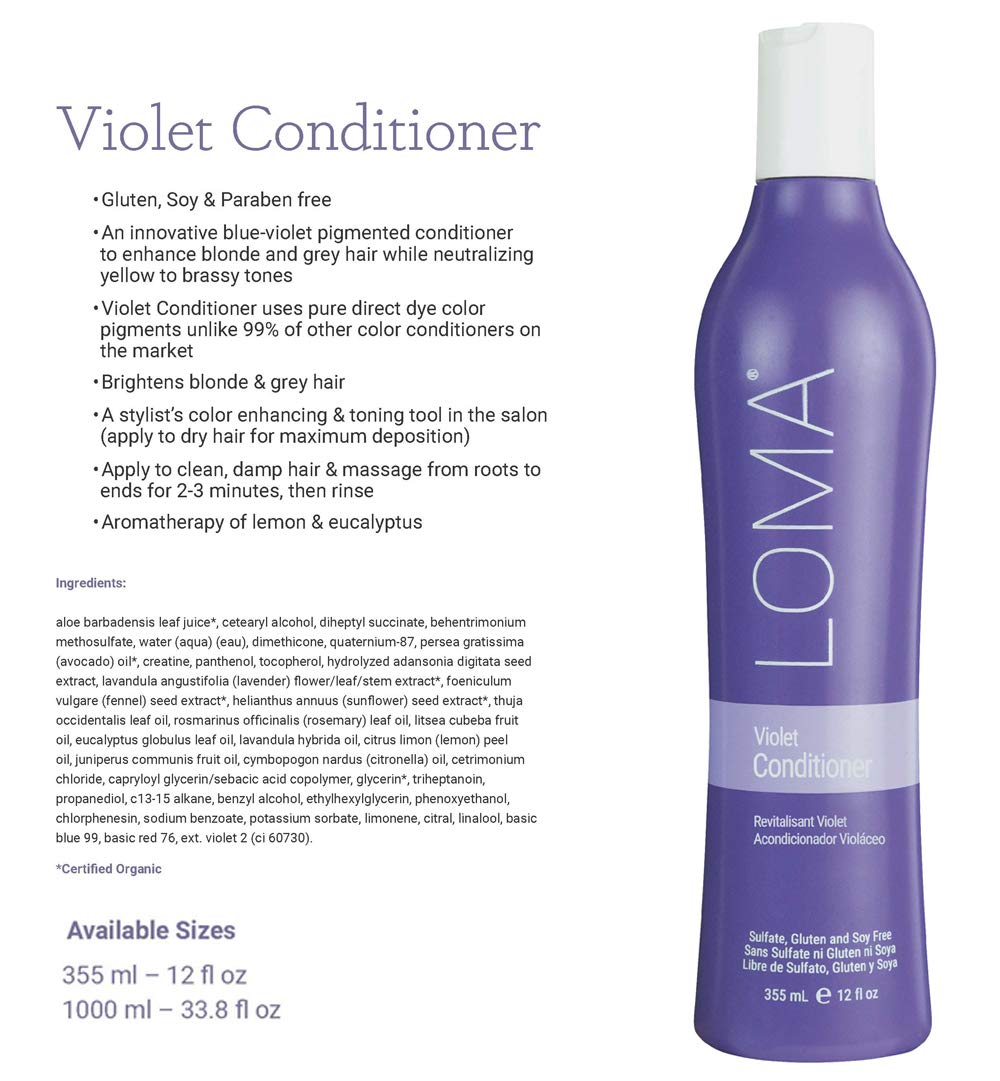 Close-up of Loma Violet Conditioner texture showing rich hydration for all hair types.