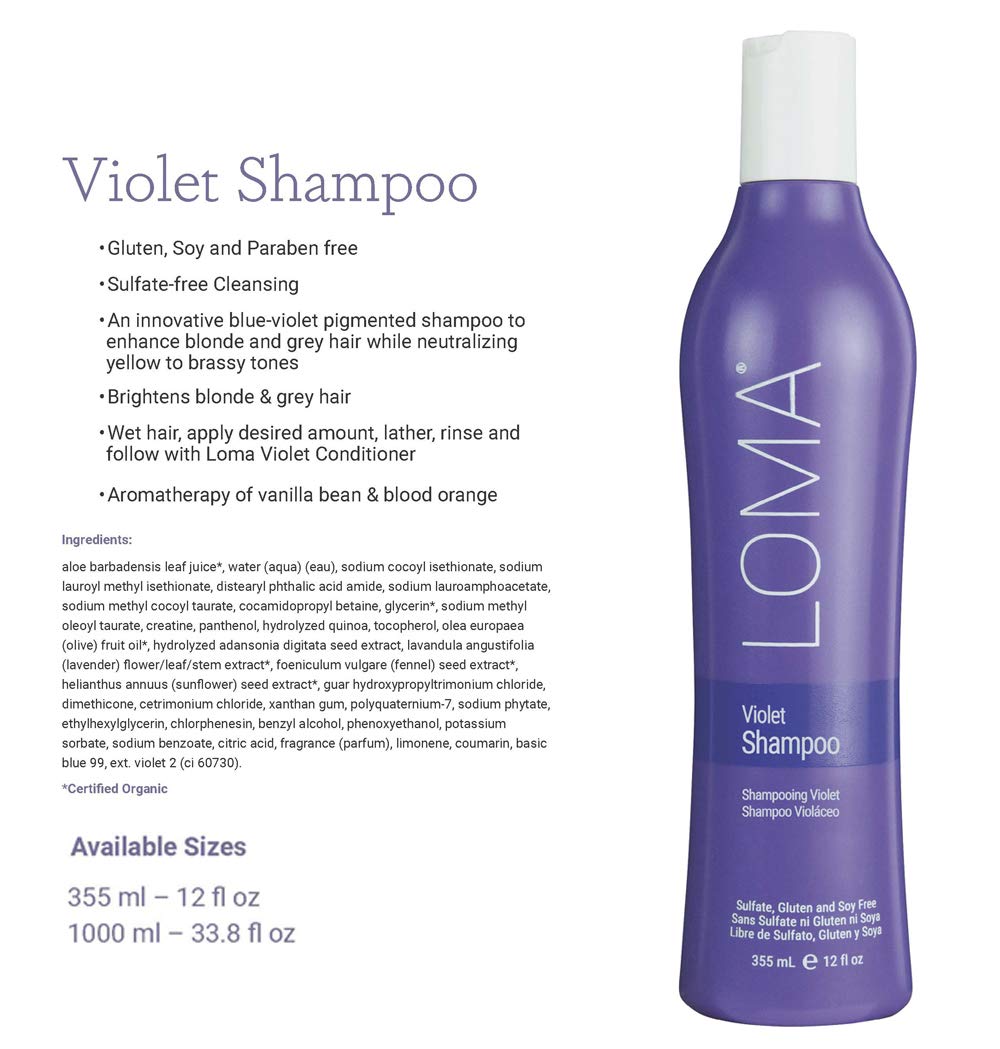 Close-up of violet shampoo showing anti-brass action on lightened hair.