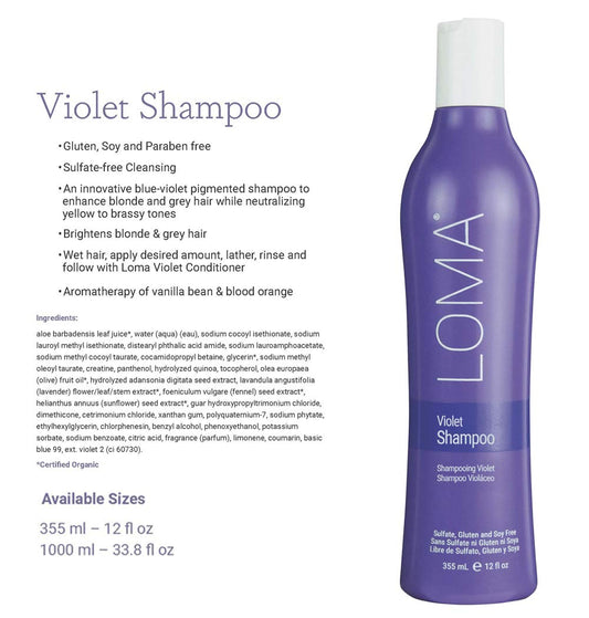 Close-up of violet shampoo showing anti-brass action on lightened hair.