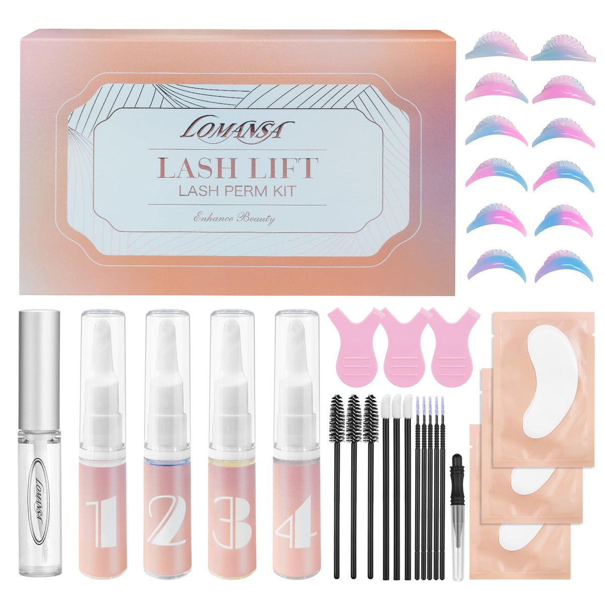 Lomansa Eyelash Lift Kit packaging shows a complete at-home kit for easy lash transformations.