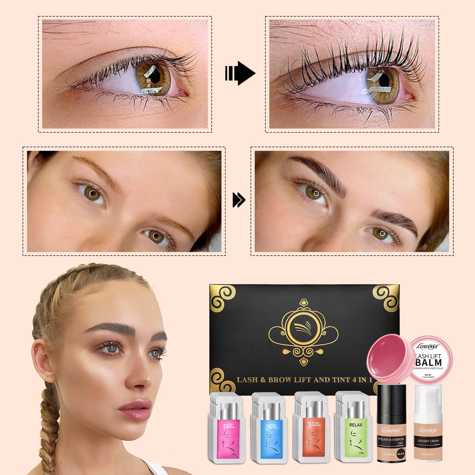Lomansa instruction card guiding beginners through lash lifting and coloring