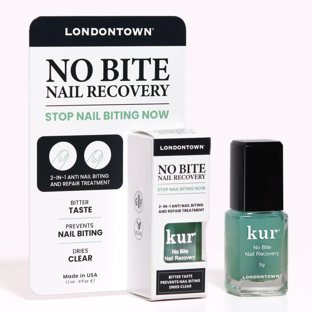 LONDONTOWN No Bite bottle front view shows clear bite-deterrent protection for nails.