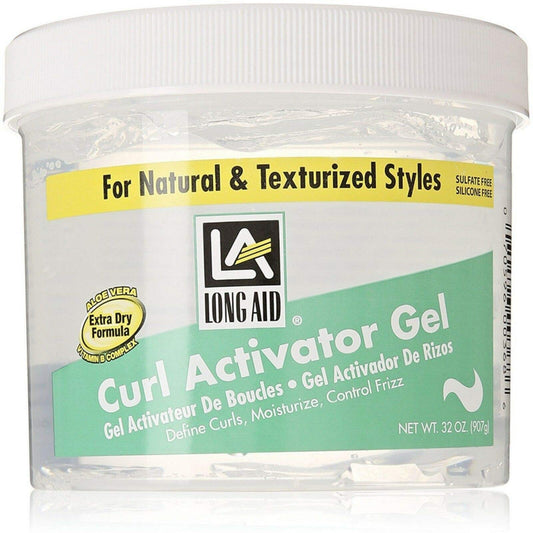 Long Aid Curl Activator Gel 32oz bottle with Aloe Vera for dry hair hydration and curl definition.