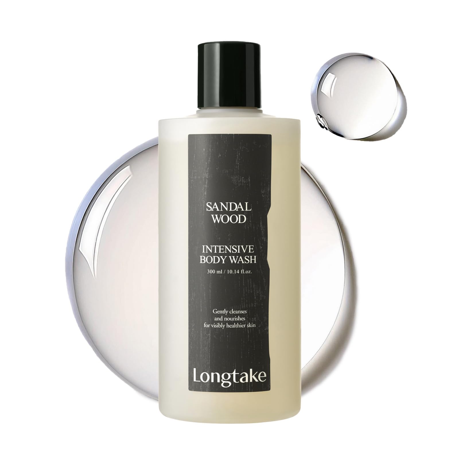 LONGTAKE Sandalwood Body Wash bottle with rich lather and woody fragrance.