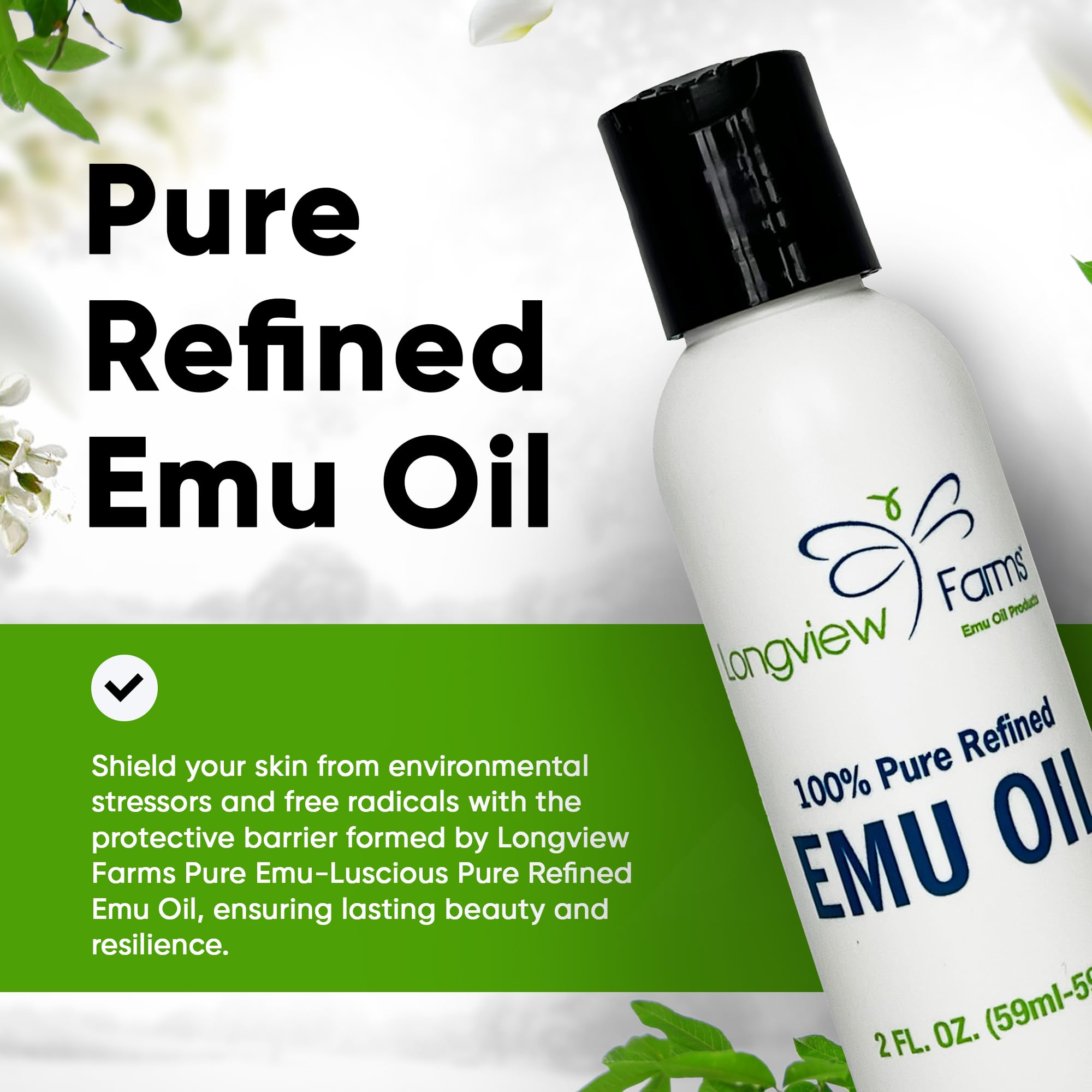 Longview Farms Emu Oil skin application close-up highlights lightweight texture.