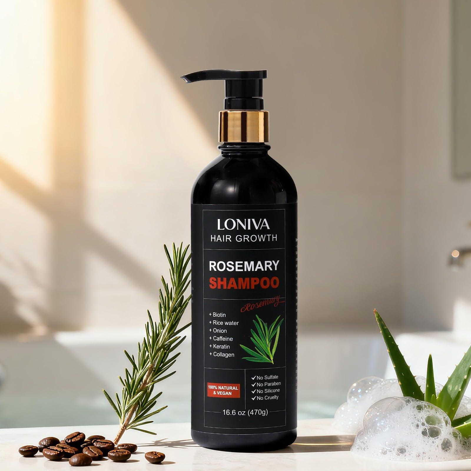 LONIVA shampoo onion extract close-up highlights natural scalp care.