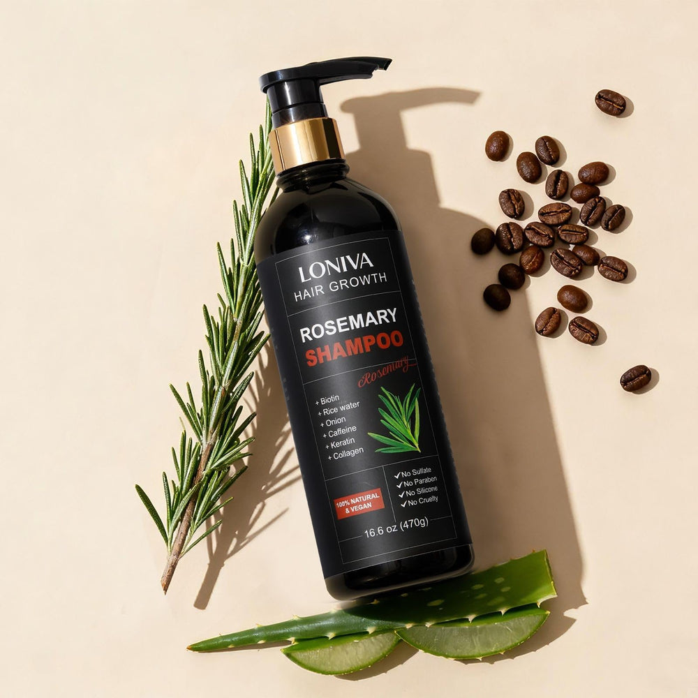 LONIVA Rosemary Hair Growth Shampoo pump for easy shower use and mess-free dispensing.