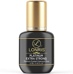 LONRIS Platinum extra strong lash glue bottle highlights long retention for professional lash extensions.