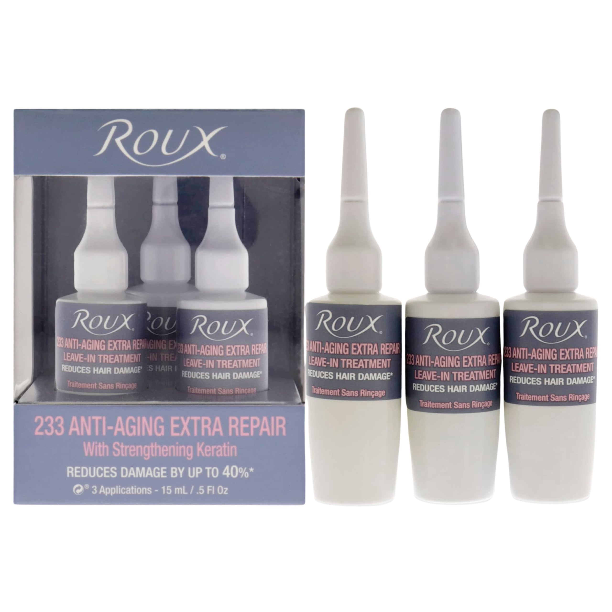 LOOGBH Roux 233 leave-in vials closeup shows moisture restoration for stronger hair