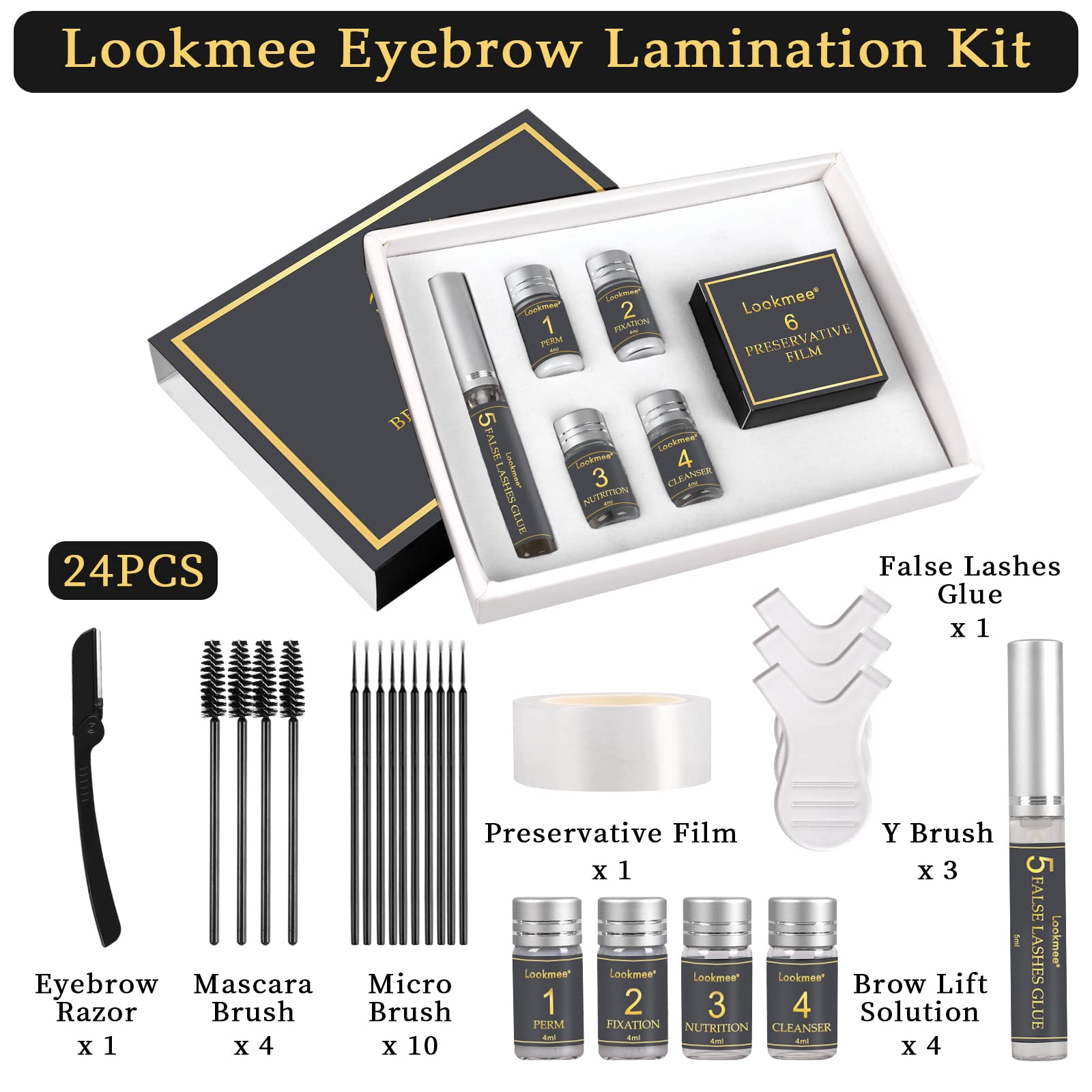 Lookmee perming lotion step shown for safe at-home brow lift.