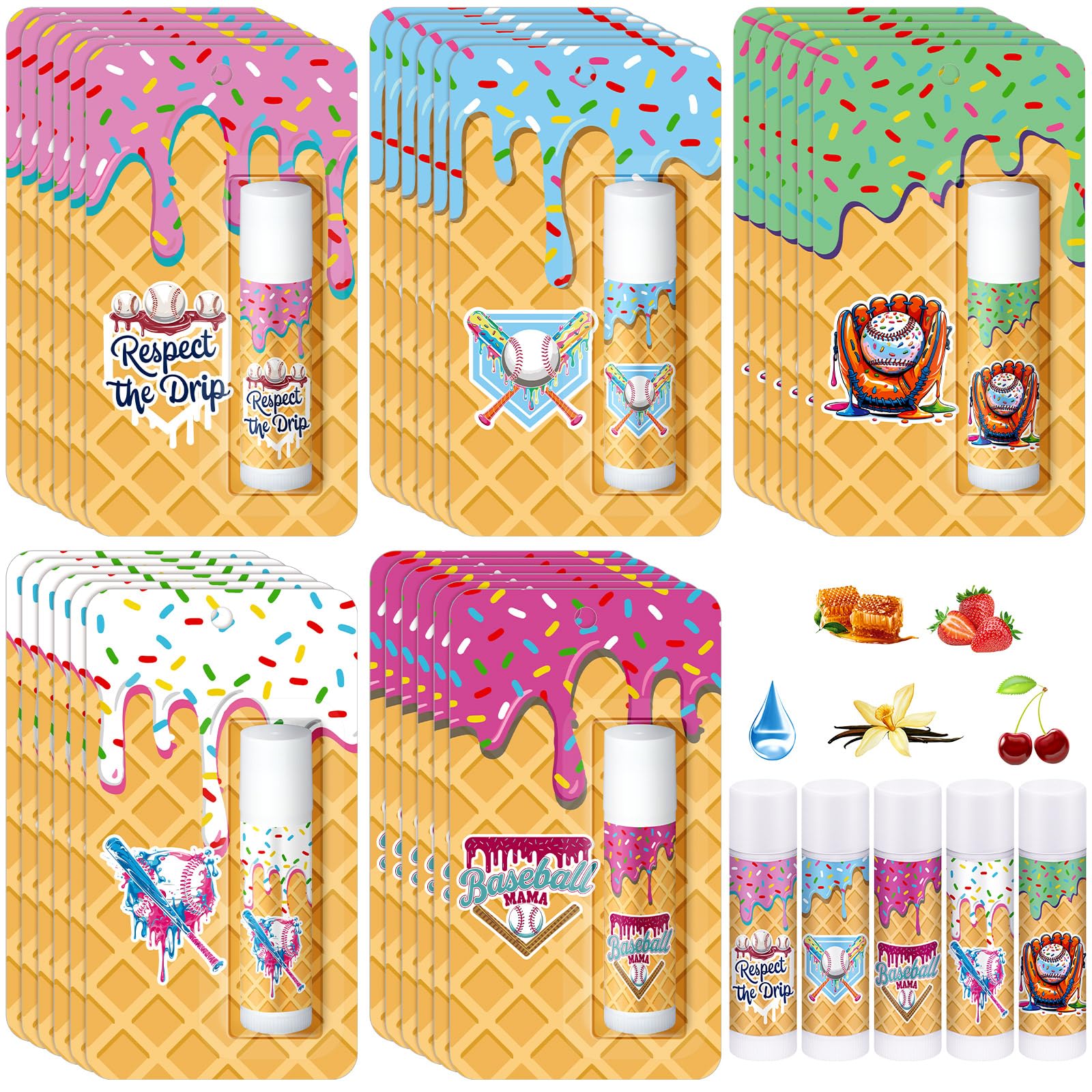 Loopeer Valentine baseball drip lip balm with ice cream drip design, perfect as playful party favors.