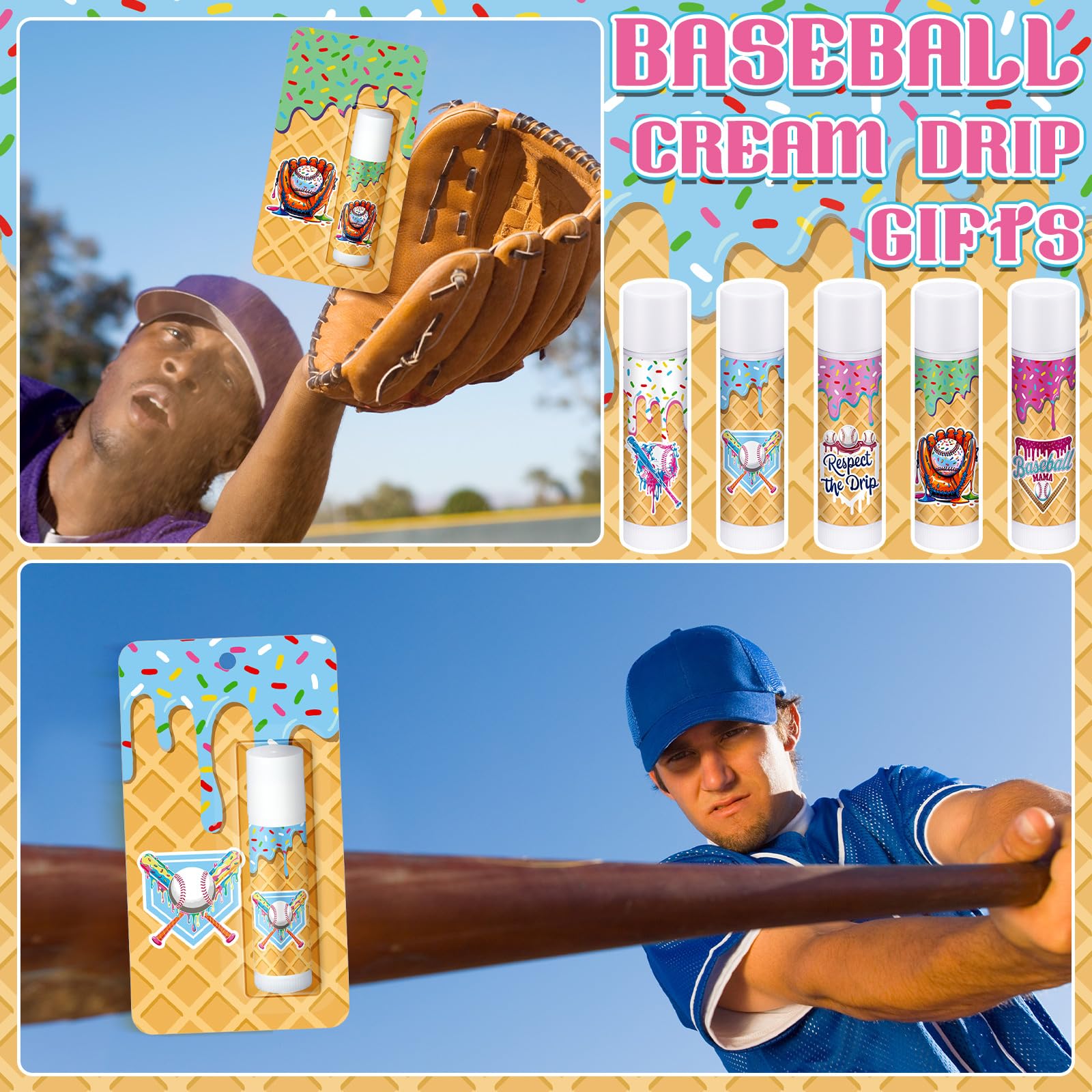 Loopeer baseball cream drip lip balms, a themed treat for senior nights and birthday parties.