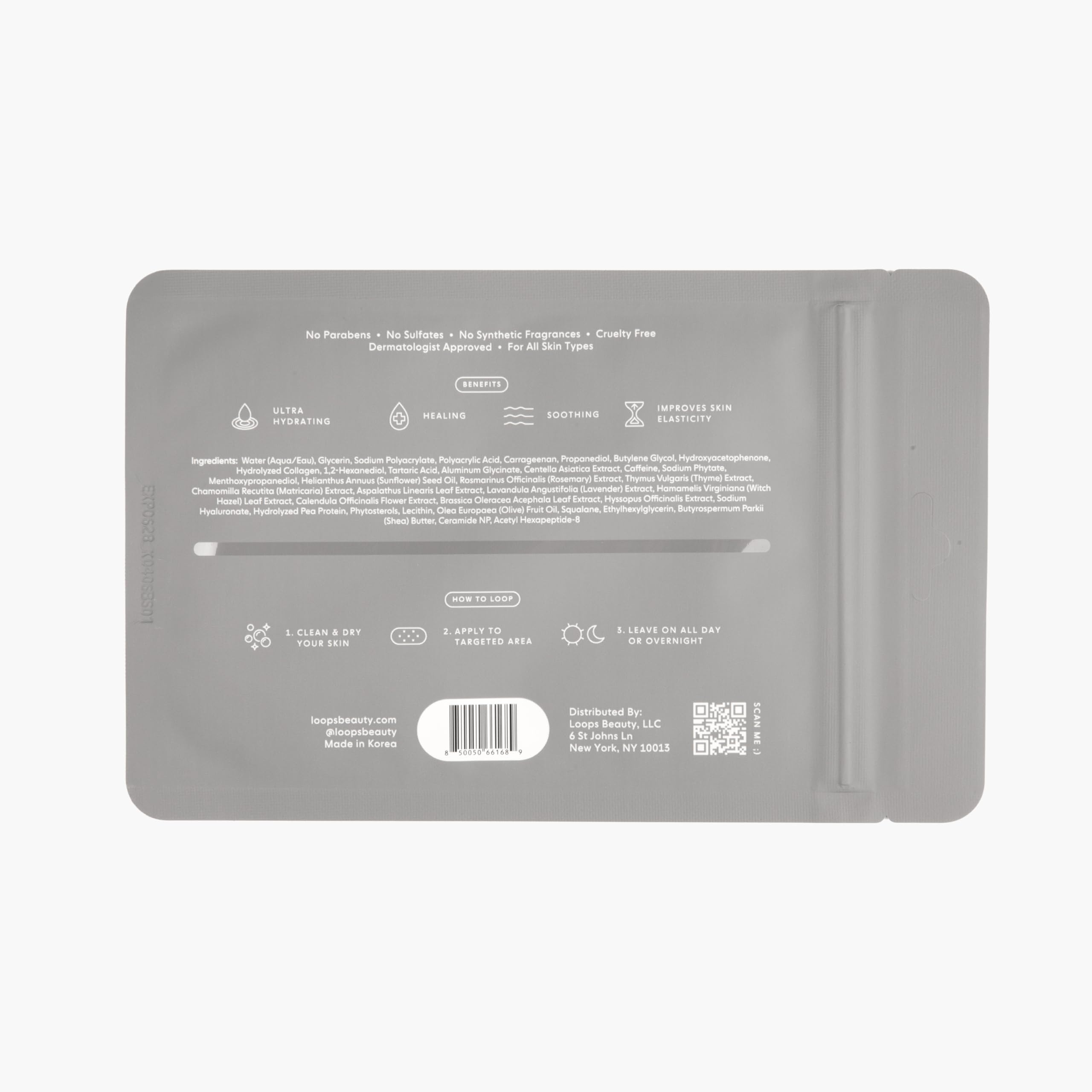 LOOPS HydraShield hydrogel body patch uses plant butters and seed oils for gentle, effective on-skin care.