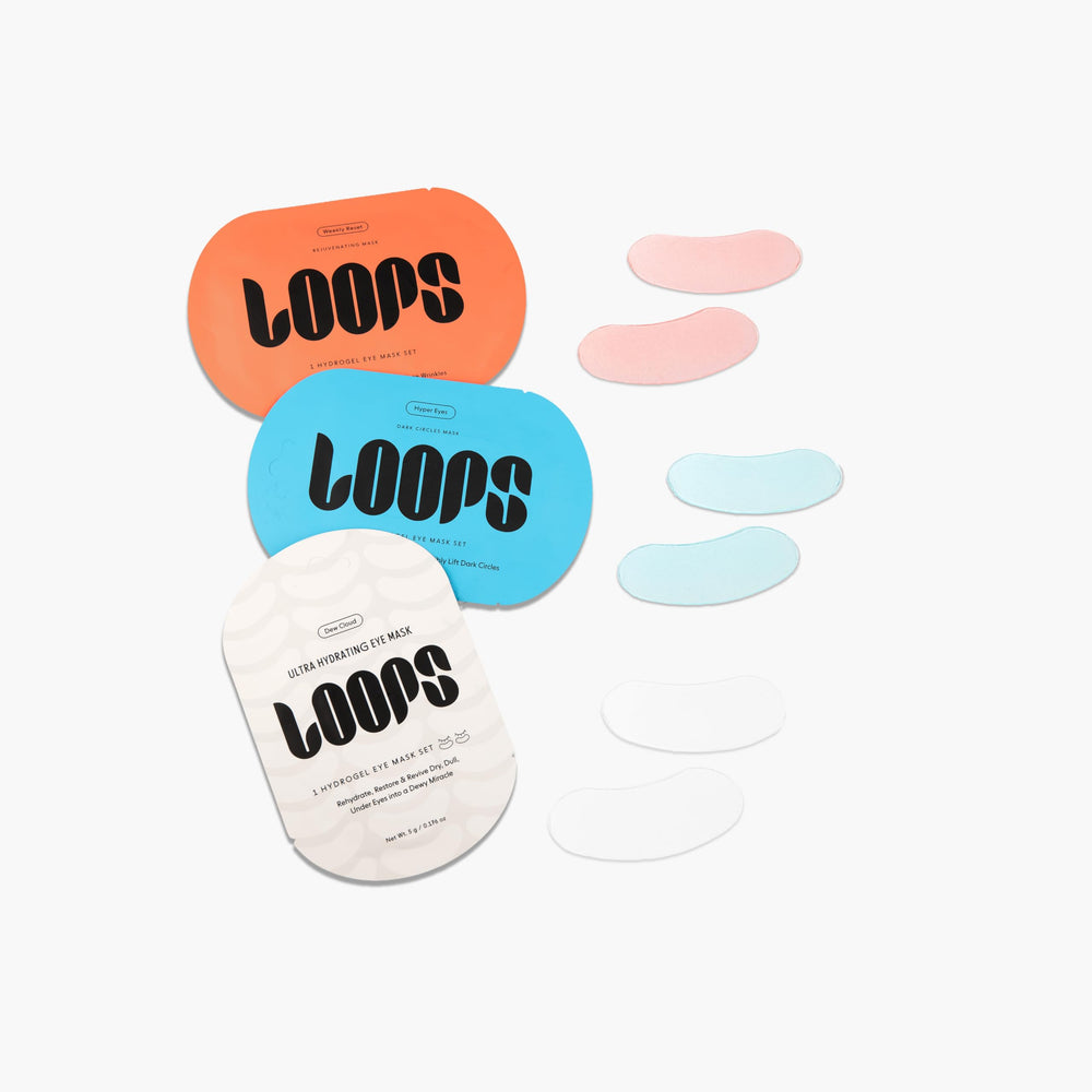 LOOPS Hydrating Hydrogel Eye Masks Kit-Red, in-use ten-minute routine for quick refreshment.