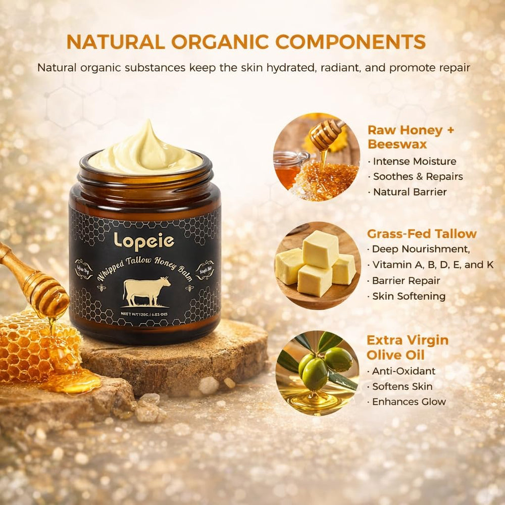 Lopeie grass-fed beef tallow ingredients highlighted for nourishing skin barrier.