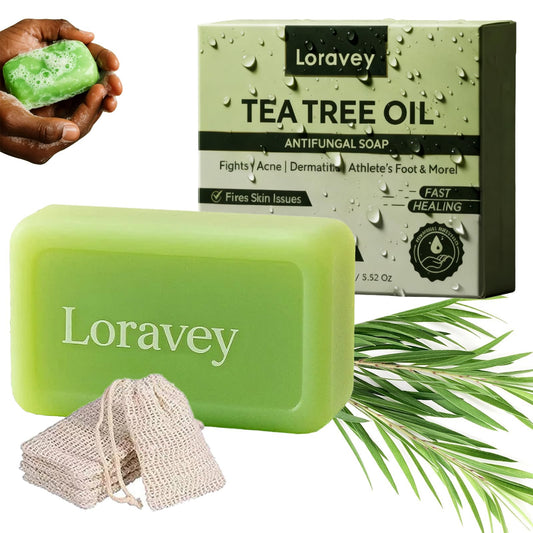 Loravey Antifungal Relief Soap Tea Tree Bar close-up showing natural ingredients and refreshing feel.