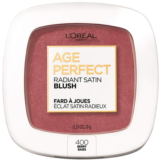 L'Oreal Paris Age Perfect Radiant Satin Blush bottle with Camellia Oil for luminous berry color.