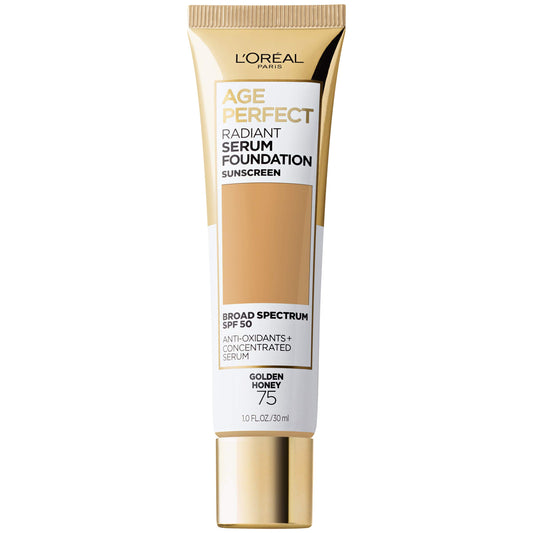 L'Oreal Paris Age Perfect Radiant Serum Foundation bottle with SPF 50 and hydration.