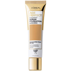 L'Oreal Paris Age Perfect Radiant Serum Foundation bottle with SPF 50 and hydration.