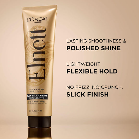 Hands applying Elnett Slick Back Cream for brushable control and flexible styling.